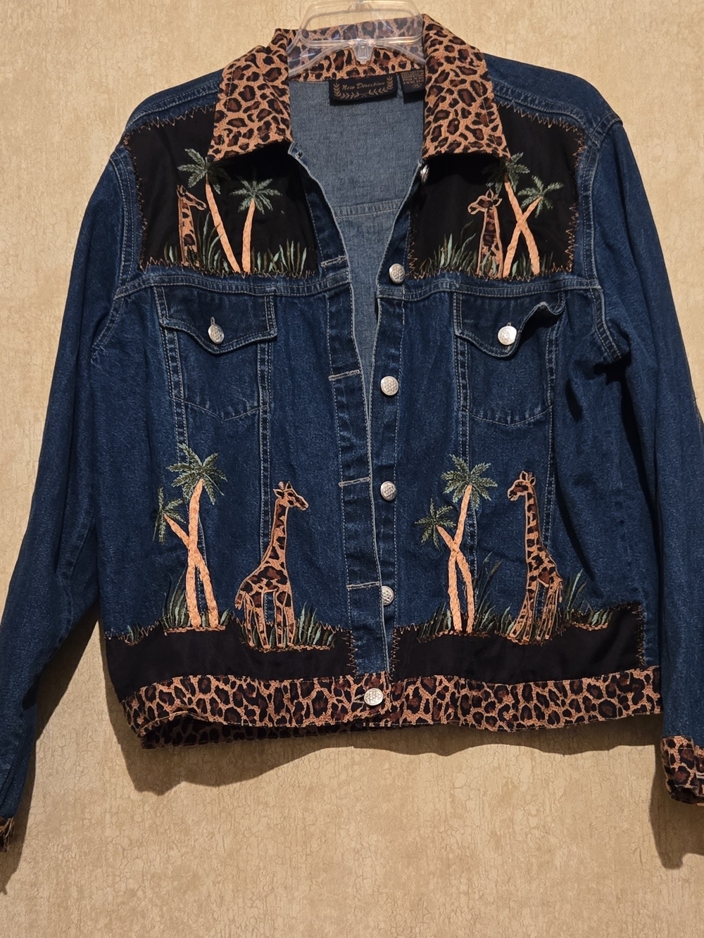 Vintage new directions Blue Denim Jacket with Giraffe Embroidery & Leopard Trim